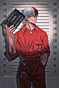 an anime character holding up a book in front of a muggy mugshot background