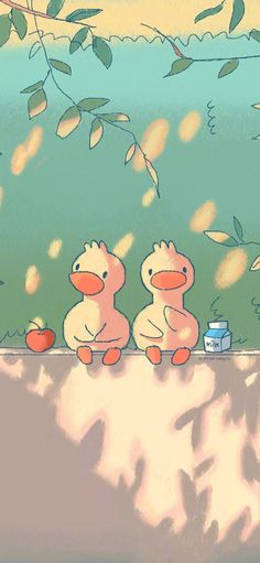 two ducks are sitting on the edge of a pond and one is holding an apple