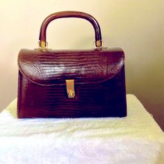 This Bag Is In Excellent Condition Outside & Inside. Length 5 1/2 Inches, Width 8 1/2 Inches, Handle Drop 3 Inches. It Was Handed Down To Me And Has Always Been One Of My Favorites Elegant Vintage Brown Bags, Vintage Satchel With Handle Drop, Vintage Evening Bags With Crocodile Pattern, Vintage Crocodile Pattern Evening Bag, Classic Crocodile Pattern Shoulder Bag For Formal Occasions, Classic Formal Shoulder Bag With Crocodile Pattern, Elegant Vintage Brown Satchel Shoulder Bag, Elegant Vintage Brown Top Handle Shoulder Bag, Mid-century Handheld Bag