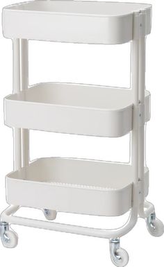 a white shelf with two baskets on it's wheels and one is attached to the wall