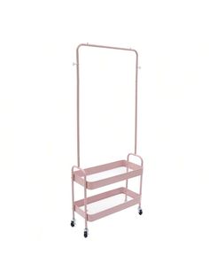 a pink rolling cart with two shelves and wheels on the front, against a white background