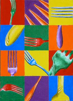 a painting of forks, spoons and knifes in different colors on a multi - colored background