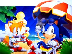 an image of two sonic and tails on the beach with umbrellas over their heads