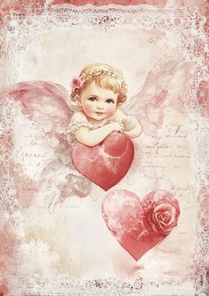 an angel with two hearts and a rose in its hand, on a pink background