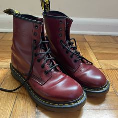 Gently Worn Dr. Martens Boots In Cherry Red. Minor Scuffs On Toes And Wear On Soles. Unique Embossed Detail On Outside Of Boot. Red Dr Martens, Maroon Doc Martens, Cherry Red Dr Martens, Dark Red Doc Martens, Red Doc Martens, Moto Boots, Cherry Red, Dr. Martens, Smooth Leather