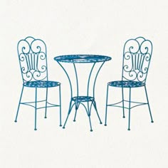 two chairs and a table are shown against a white background with blue ink on paper