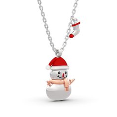 With a red hat and an orange scarf, this adorable snowman necklace is loved by all who see it. Lovely Christmas snowman design is fashionable and chic. Let you look more charming and attractive. This lovely snowman pendant would make a perfect little gift for anyone who's dreaming of a white Christmas.Carat Weight: 0.05 ctStone Size: 1 mmStone Type: Jeulia® StoneNumber of Stones: 2 Stone Color: Fancy BlackStone Shape: RoundWeight: 4.62 gWidth: 11.7 mmHeight: 18 mmThickness: 5 mmMaterial: 925 Sil Cheap White Christmas Necklaces, Winter Gift Red Jewelry, Winter Season Red Jewelry Gift, Red Jewelry For Winter Gifts, Snowman Necklace, Sliver Necklace, Dreaming Of A White Christmas, Snowman Design, Orange Scarf