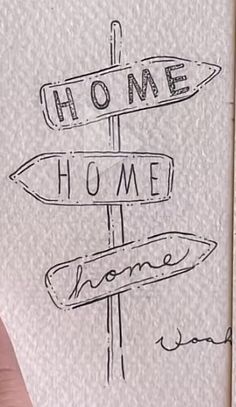 a hand is holding up a sign that says home and has two arrows pointing in different directions