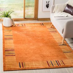 an orange area rug in a living room next to a couch and chair with a potted plant