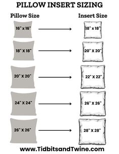 the pillow insert size chart for pillows is shown in black and white, along with two sizes