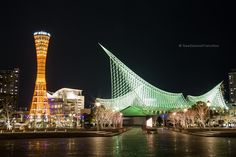 a large building that is lit up at night