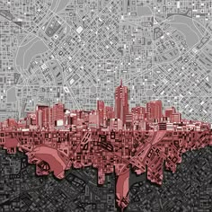 a red city map is shown with black and white lines in the center, as well as buildings