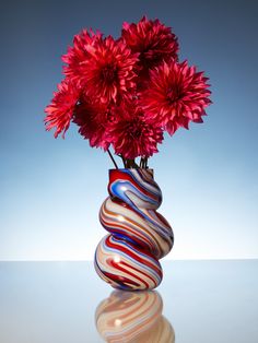 a vase filled with red flowers on top of a table