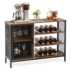 a wine rack with many bottles and glasses on the top, next to a coffee maker