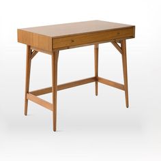 a small wooden desk with one drawer on the top and two legs at the bottom