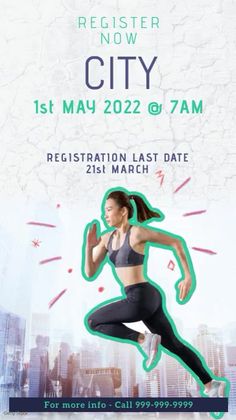 a woman running on a city street with the words registration last date for this event