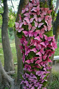 a tree with pink flowers growing on it's trunk in front of some trees