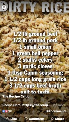 the recipe for dirty rice is shown with instructions