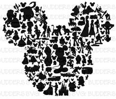 mickey mouse's head made up of silhouettes and other disney related items in the shape