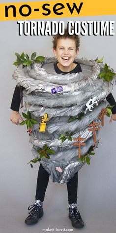 a young boy is wearing a costume made out of duct tape and leaves, with text overlay reading no sew tornado costume