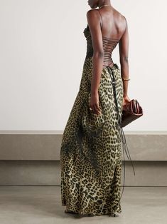 Brown Silk Dress, Leopard Maxi Dress, Leopard Print Outfits, Tulle Maxi Dress, Sheer Maxi Dress, Leopard Prints, Silk Chiffon Dress, Draped Neckline, Mesh Maxi Dress