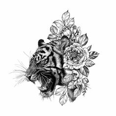 a black and white drawing of a tiger surrounded by flowers