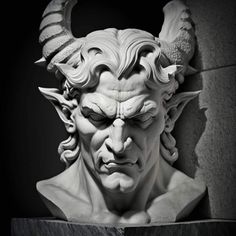 a statue of a demon with horns on it's head is shown in black and white