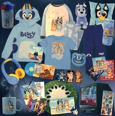 an assortment of children's clothing and toys displayed on a blue background with other items