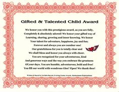 "Gifted and Talented Child Award, Kids Award, Appreciation Award, Kids Party Favor, Youth Award, Self Esteem Award, Personal Growth Award, Child Award, My poetic Evolving Genius Awards are a simple and elegant way to build self-esteem and bring positive recognition, laughter and smiles to kids of any age.  I will mail it Anonymously, directly to the person of your choice, as a thrilling surprise! Or I will include a gift note for you, just message me. *Colorful Award with Blue Envelop 5x7 size, Awesome Party Favors, Academic Awards, Gifted And Talented, Kids Awards, Ways Of Learning, Childrens Party, Children And Family, I School, Social Skills