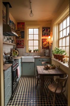 a small kitchen with black and white checkered flooring, an oven, sink, stove top and window