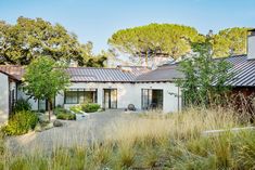 the house is surrounded by tall grass and trees