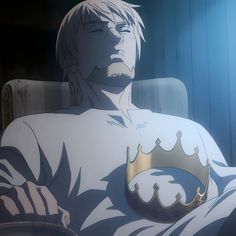 an anime character sitting in a chair with his hands on his chest