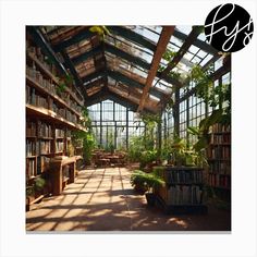 the inside of a building with lots of plants and bookshelves on it's sides