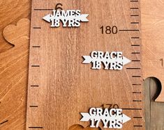 wooden rulers with names and numbers on them