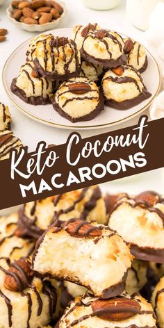 keto coconut macaroons with chocolate drizzle and pecans on the side