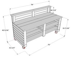 a drawing of a bench with wheels and measurements