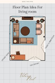 the floor plan for a living room is shown in this graphic style, with furniture and decor