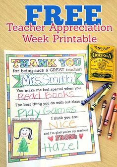 a teacher appreciation week printable with two crayons and some pens on the table