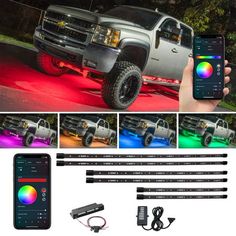 Overview LEDGlows 6pc Million Color SMD LED Truck Underbody Lighting Kit with Smartphone Control adds vibrant and spotless illumination to the underside of your truck, utilizing a nearly unlimited amount of color combinations along with multiple lighting effects for a completely custom lighting experience. These under truck LED lights include (2) 46, (2) 36 and (2) 24 high-impact water-resistant acrylic underglow tubes for a total of 108 ultra-bright wide-angle 5050 SMD LEDs which project 270 de Underglow Car, Underglow Lights, Led Lights For Trucks, Smartphone Gadget, Color Water, Best Smartphone, Automotive Decor, Car Led Lights, Smartphone Accessories