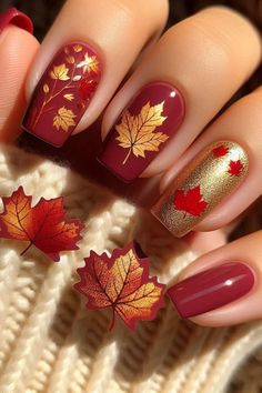 Acrylic Nails Ideas Autumn, Fall Nails For A Wedding, Cute Fall Nail Designs Acrylics, Fall Leaf Nail Art Designs, Friendsgiving Nails, Fall Nails With Leaves Acrylic, Fall Color For Nails, Autumn Toenails, Gray Fall Nails Ideas