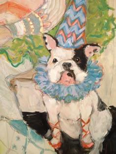 a painting of a small dog wearing a party hat and dress up clothes, sitting on a chair