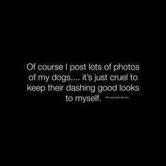 a black and white photo with a quote on it that says, or course i post lots of photos of my dogs it's just cruel to keep their chasing good looks to