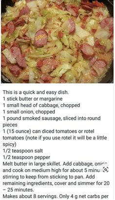 the recipe for cabbage and sausage is shown