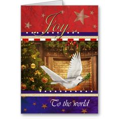 a christmas card with a white dove flying over a fireplace