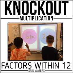 two young boys standing in front of a whiteboard with numbers on it and the words knockout written below