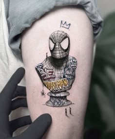 a spiderman tattoo on the right thigh