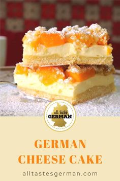 the german cheese cake is stacked on top of each other