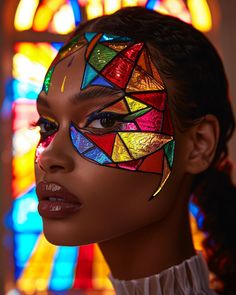 Stained Glass Costume, Stained Glass Outfit, Stained Glass Makeup, Stained Glass Fashion, Simple Face Paint, Robot Makeup, Neon Face Paint, Zero Art, Artsy Makeup