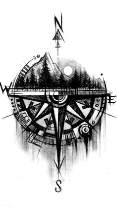 a black and white drawing of a compass