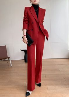 Elevate your style with our Sydney Single-breasted Blazer Pantsuit Set. Crafted with a sophisticated western-style collar and double-breasted detail, this set comes in a bold red and black color scheme. Make a statement in this exclusive and tasteful ensemble, perfect for any occasion. Notched lapels Long sleeve Double-breasted closure Polyester,Spandex Item #241177 Women's blazer & wide-leg pants set SIZE INFO XS=US2=UK6=EU32 S=US4-6=UK8-10=EU34-36 M=US8-10=UK12-14=EU38-40 L=US12-14=UK16-18=EU4 Luxury Winter Blazer For Semi-formal Occasions, Luxury Burgundy Suit For Semi-formal Occasions, Luxury Elegant Blazer For Date Night, Luxury Elegant Red Pants, Prom Suits For Women 2022, Luxury Retro Semi-formal Blazer, Cheap Long Sleeve Formal Blazer, Luxury Red Formal Pantsuit, Women Suits For A Date